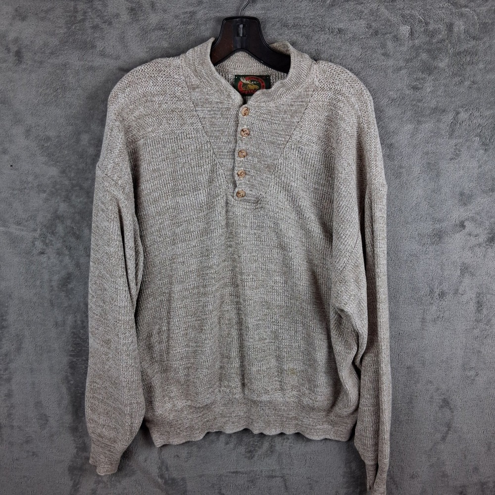 Alps Sweater Mens XL Beige Marled Henley Mock Neck Cotton Vintage 90s